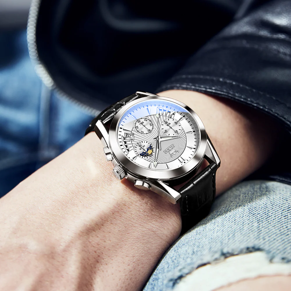 OLEVS 2876 Men  Watch Brown Leather Classic Analog Quartz Watch Week Date Casual Luminous Black/Blue/White Dial 3ATM Waterproof Wrist Watch - Image 10