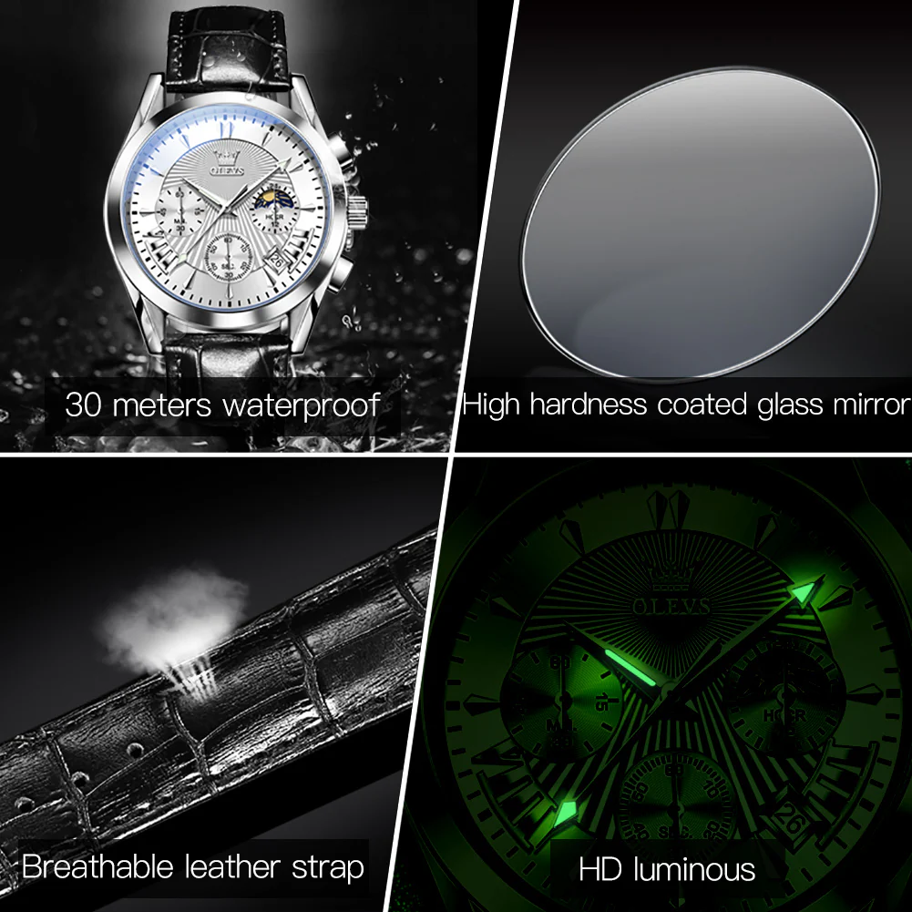 OLEVS 2876 Men  Watch Brown Leather Classic Analog Quartz Watch Week Date Casual Luminous Black/Blue/White Dial 3ATM Waterproof Wrist Watch - Image 11