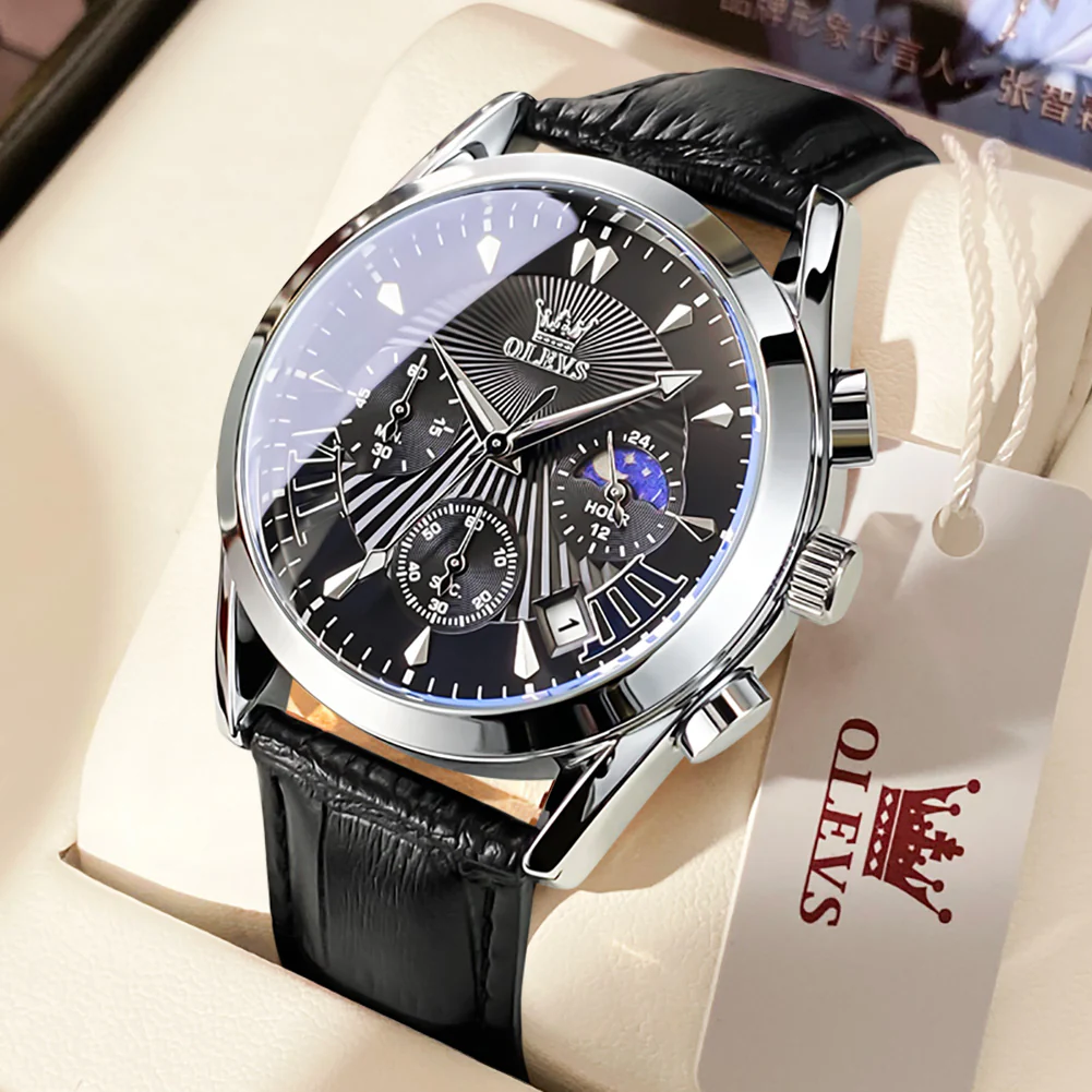 OLEVS 2876 Men  Watch Brown Leather Classic Analog Quartz Watch Week Date Casual Luminous Black/Blue/White Dial 3ATM Waterproof Wrist Watch - Image 15