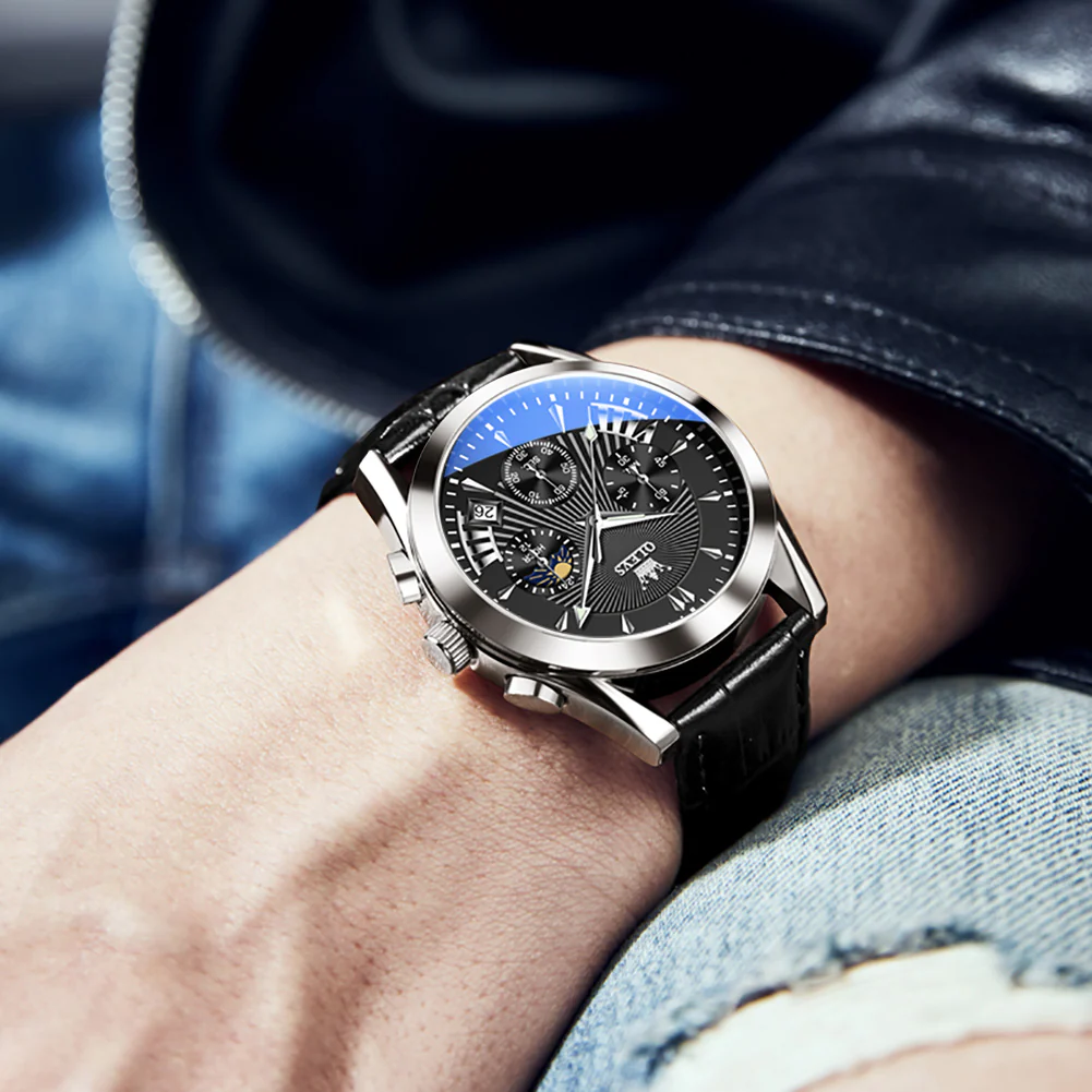 OLEVS 2876 Men  Watch Brown Leather Classic Analog Quartz Watch Week Date Casual Luminous Black/Blue/White Dial 3ATM Waterproof Wrist Watch - Image 16