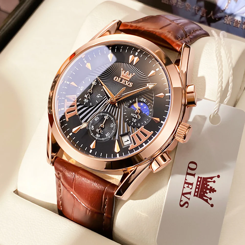 OLEVS 2876 Men  Watch Brown Leather Classic Analog Quartz Watch Week Date Casual Luminous Black/Blue/White Dial 3ATM Waterproof Wrist Watch - Image 21