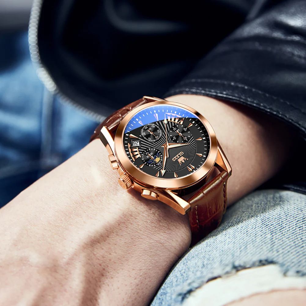 OLEVS 2876 Men  Watch Brown Leather Classic Analog Quartz Watch Week Date Casual Luminous Black/Blue/White Dial 3ATM Waterproof Wrist Watch - Image 22