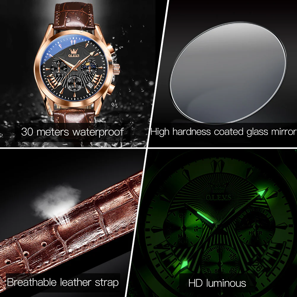 OLEVS 2876 Men  Watch Brown Leather Classic Analog Quartz Watch Week Date Casual Luminous Black/Blue/White Dial 3ATM Waterproof Wrist Watch - Image 23