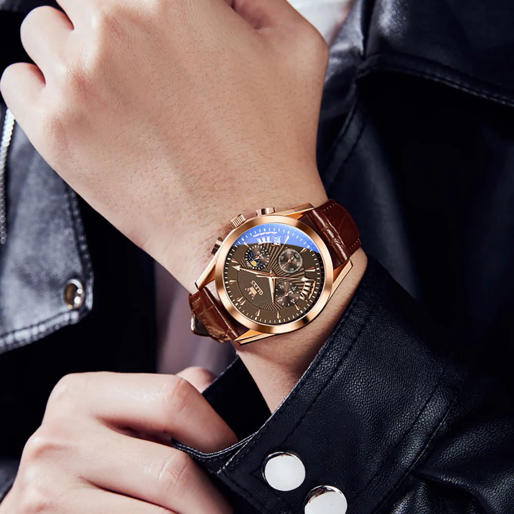 OLEVS 2876 Men  Watch Brown Leather Classic Analog Quartz Watch Week Date Casual Luminous Black/Blue/White Dial 3ATM Waterproof Wrist Watch - Image 26