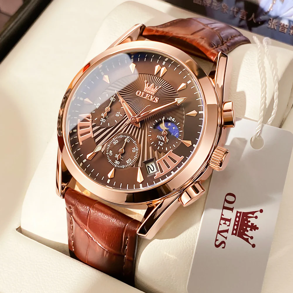 OLEVS 2876 Men  Watch Brown Leather Classic Analog Quartz Watch Week Date Casual Luminous Black/Blue/White Dial 3ATM Waterproof Wrist Watch - Image 27
