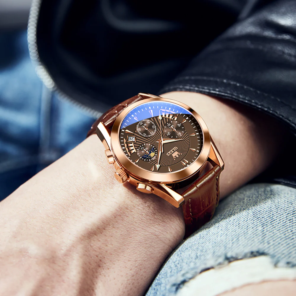 OLEVS 2876 Men  Watch Brown Leather Classic Analog Quartz Watch Week Date Casual Luminous Black/Blue/White Dial 3ATM Waterproof Wrist Watch - Image 28