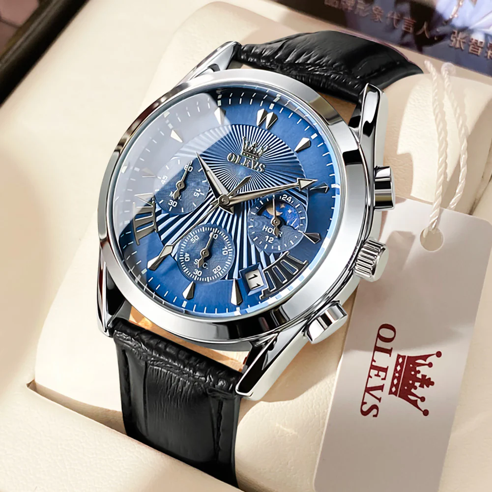 OLEVS 2876 Men  Watch Brown Leather Classic Analog Quartz Watch Week Date Casual Luminous Black/Blue/White Dial 3ATM Waterproof Wrist Watch - Image 3