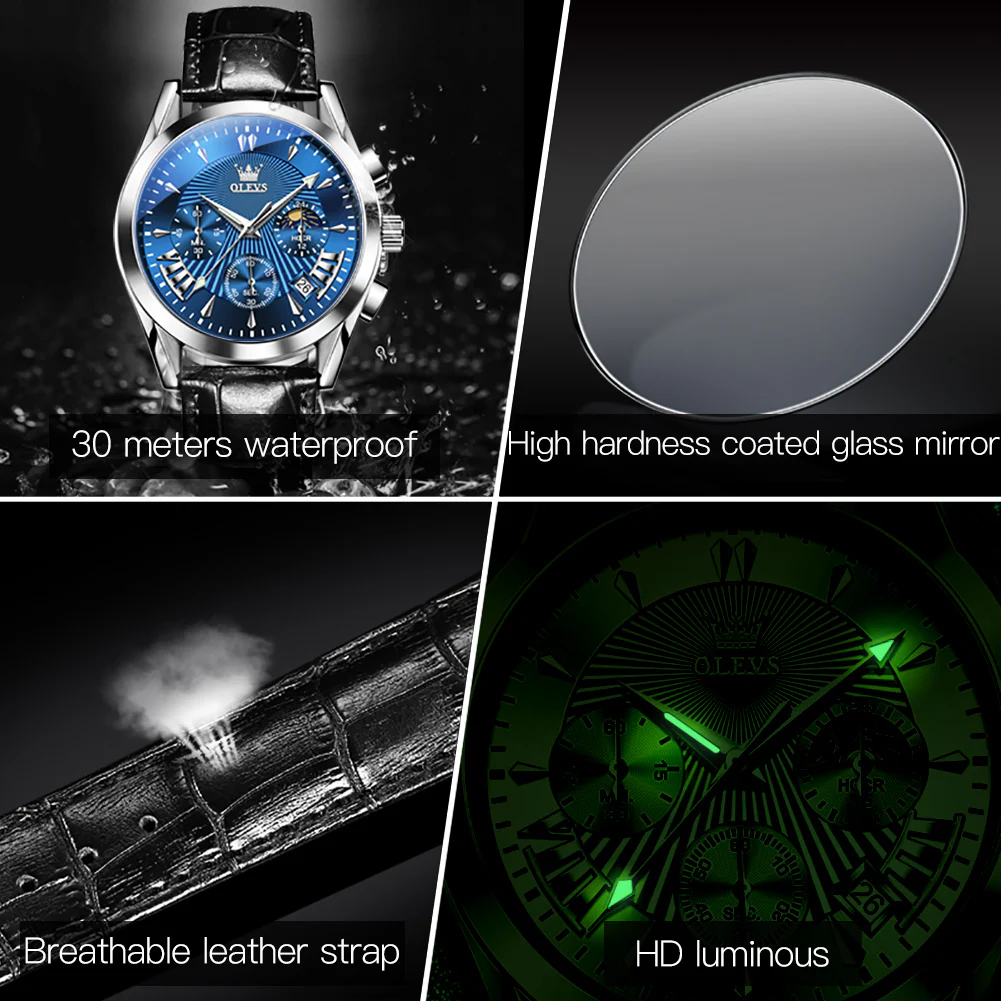 OLEVS 2876 Men  Watch Brown Leather Classic Analog Quartz Watch Week Date Casual Luminous Black/Blue/White Dial 3ATM Waterproof Wrist Watch - Image 5