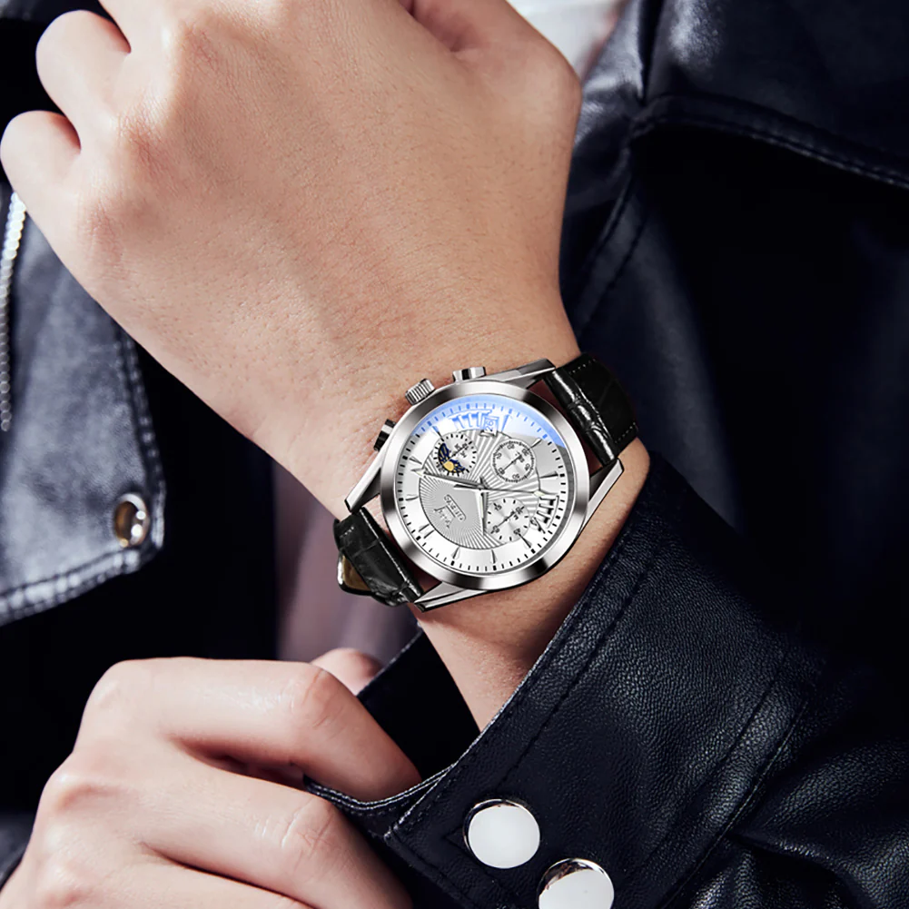 OLEVS 2876 Men  Watch Brown Leather Classic Analog Quartz Watch Week Date Casual Luminous Black/Blue/White Dial 3ATM Waterproof Wrist Watch - Image 8