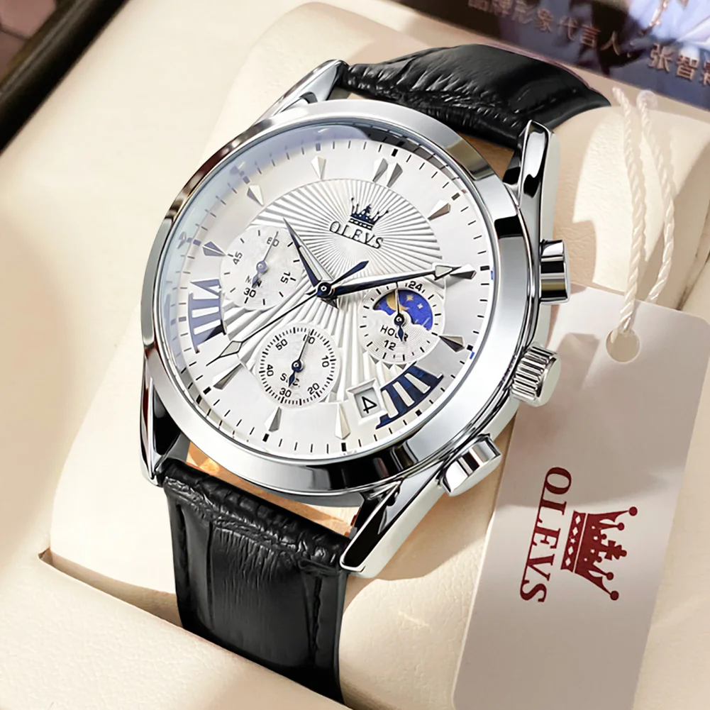 OLEVS 2876 Men  Watch Brown Leather Classic Analog Quartz Watch Week Date Casual Luminous Black/Blue/White Dial 3ATM Waterproof Wrist Watch - Image 9