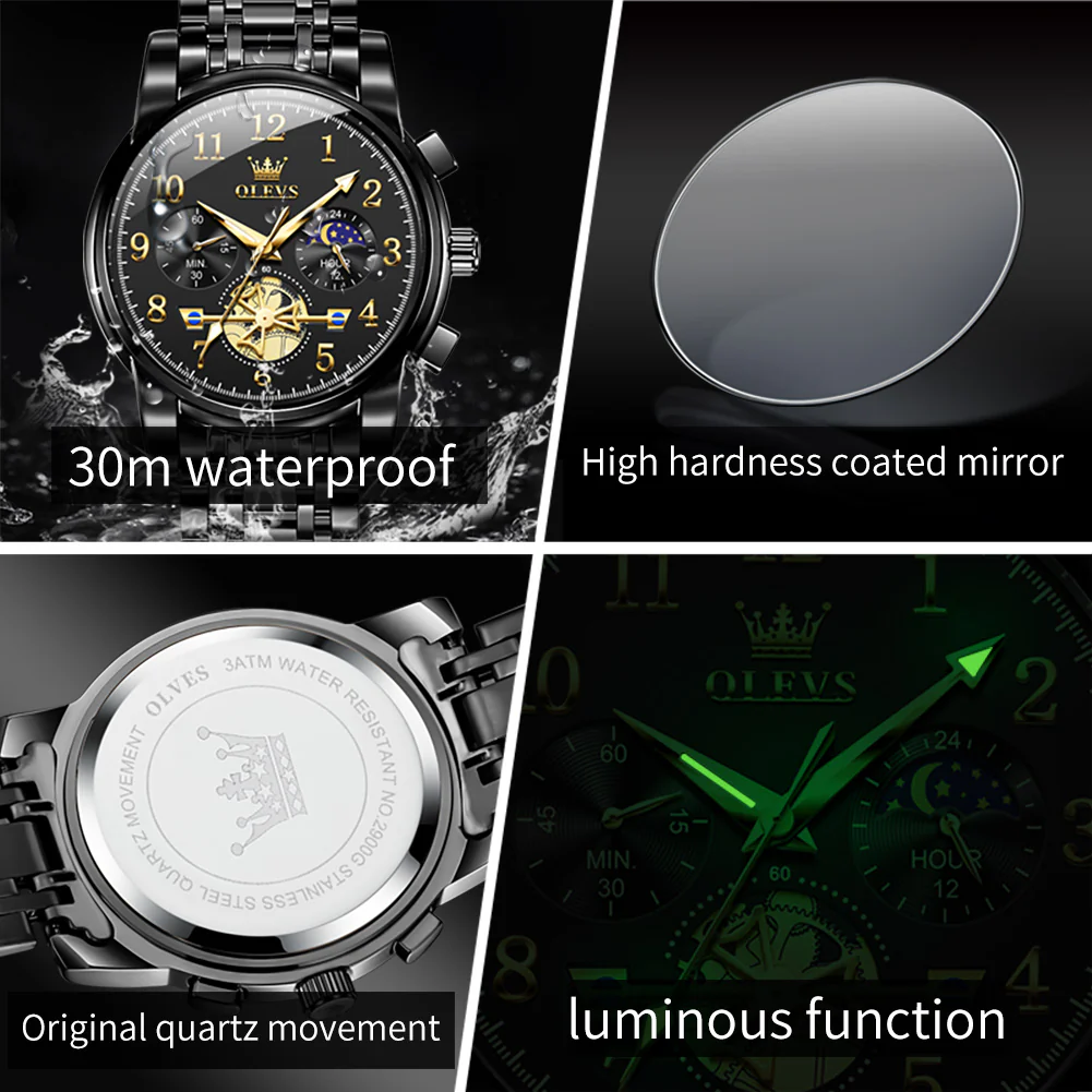 OLEVS 2900 Men's Quartz Watch with Numerals, 24-Hour and Moon Phase Sub-Dials, Chronograph, Perfect Gift - Image 11