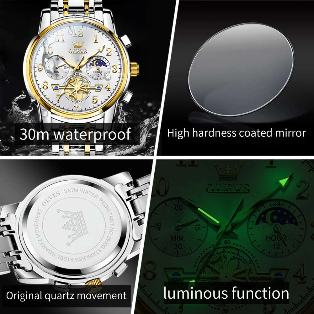 OLEVS 2900 Men's Quartz Watch with Numerals, 24-Hour and Moon Phase Sub-Dials, Chronograph, Perfect Gift - Image 28