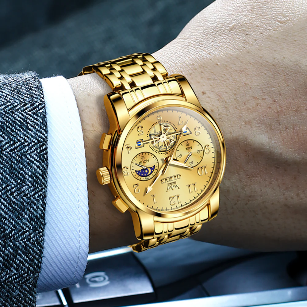 OLEVS 2900 Men's Quartz Watch with Numerals, 24-Hour and Moon Phase Sub-Dials, Chronograph, Perfect Gift - Image 3