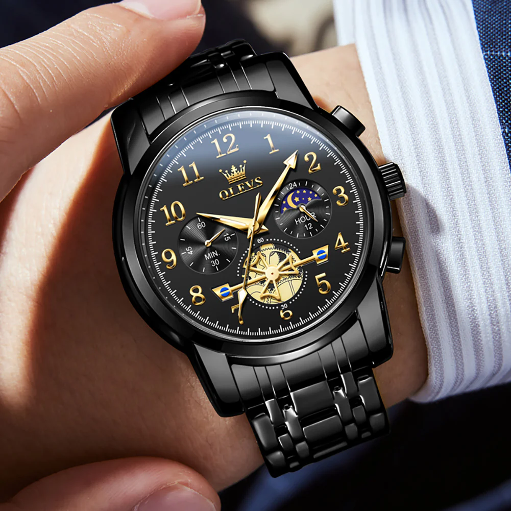OLEVS 2900 Men's Quartz Watch with Numerals, 24-Hour and Moon Phase Sub-Dials, Chronograph, Perfect Gift - Image 8