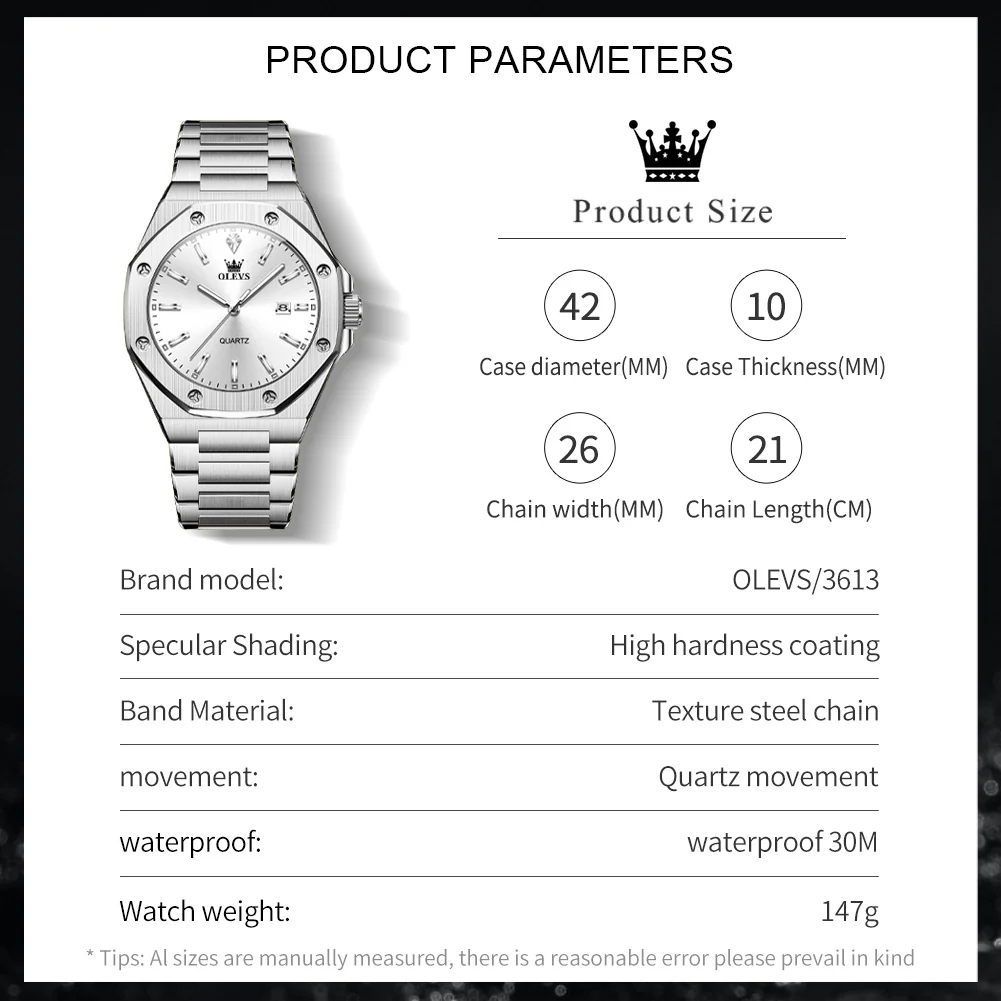 OLEVS 3613 Men's Watch with Gold Bracelet, Business Style, Gift-Ready, 3ATM Waterproof - Image 8