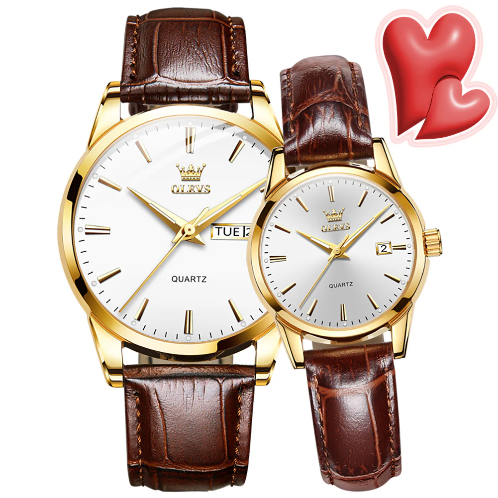 OLEVS 6898 Couple Watches - Classic Brown Leather, Analog Quartz, Romantic Waterproof Date Pair Watch for Men and Women - Image 13
