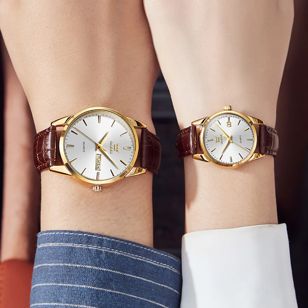 OLEVS 6898 Couple Watches - Classic Brown Leather, Analog Quartz, Romantic Waterproof Date Pair Watch for Men and Women - Image 14