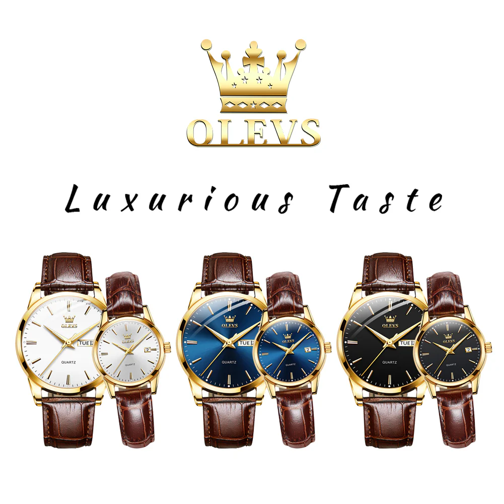 OLEVS 6898 Couple Watches - Classic Brown Leather, Analog Quartz, Romantic Waterproof Date Pair Watch for Men and Women - Image 18