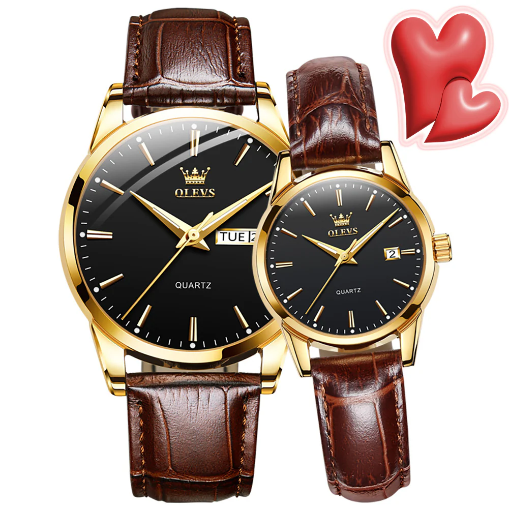 OLEVS 6898 Couple Watches - Classic Brown Leather, Analog Quartz, Romantic Waterproof Date Pair Watch for Men and Women - Image 7