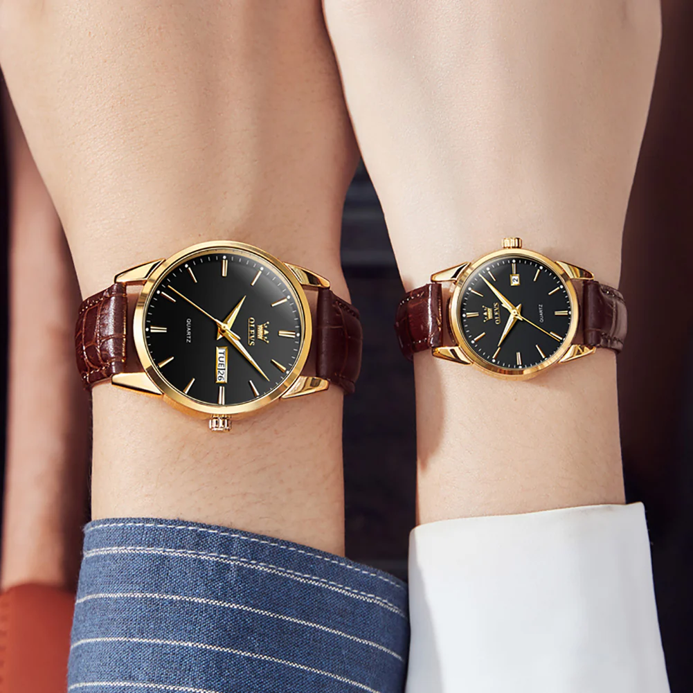 OLEVS 6898 Couple Watches - Classic Brown Leather, Analog Quartz, Romantic Waterproof Date Pair Watch for Men and Women - Image 8