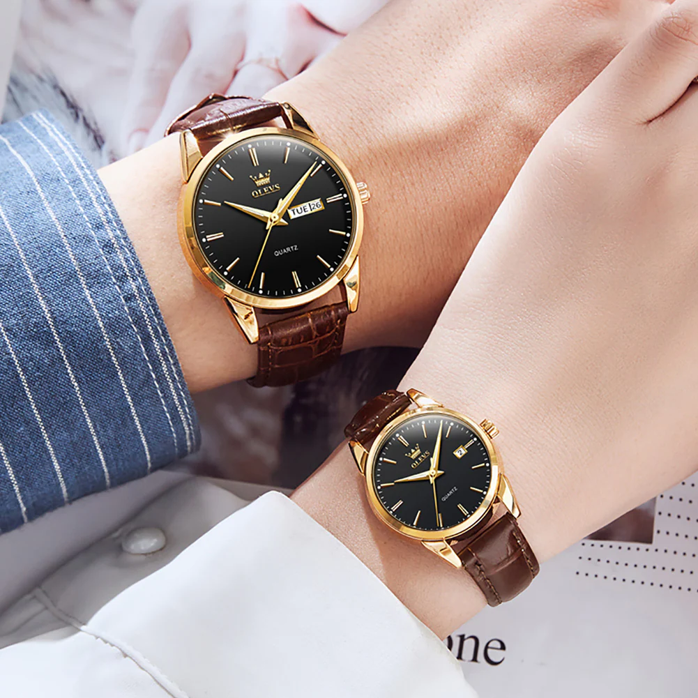 OLEVS 6898 Couple Watches - Classic Brown Leather, Analog Quartz, Romantic Waterproof Date Pair Watch for Men and Women - Image 9