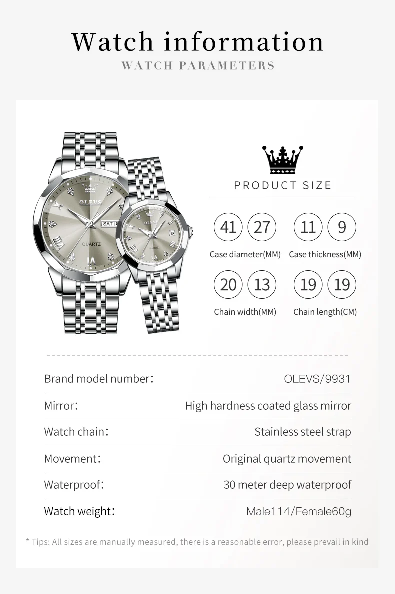 OLEVS 9931 Couple Watches His and Her Fashion Dresse Romantic Set Pair Matching Stainless Steel Strap Luminous Waterproof Wrist Watch - Image 43