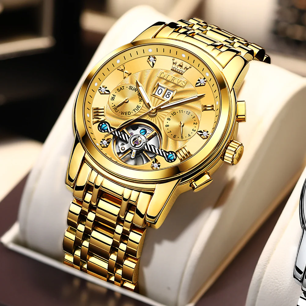 OLEVS 9910 Automatic Watches for Men Gold Luxury Dress Wrist Watch Self Winding Mechanical Skeleton Tourbillon Watch - Image 11