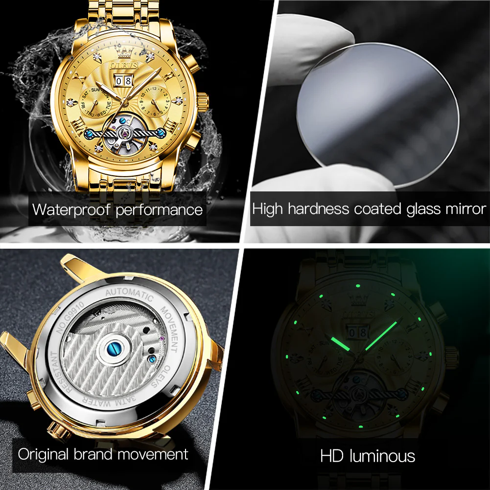 OLEVS 9910 Automatic Watches for Men Gold Luxury Dress Wrist Watch Self Winding Mechanical Skeleton Tourbillon Watch - Image 13