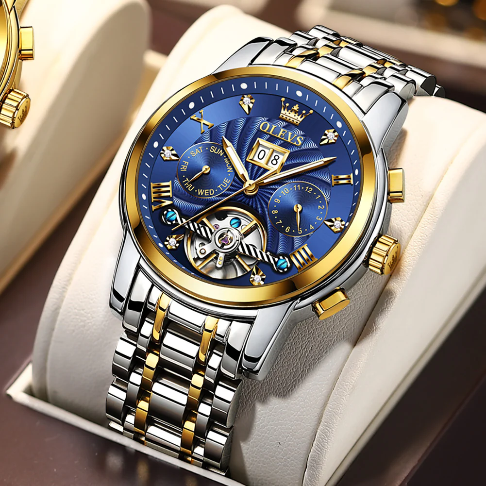 OLEVS 9910 Automatic Watches for Men Gold Luxury Dress Wrist Watch Self Winding Mechanical Skeleton Tourbillon Watch - Image 4