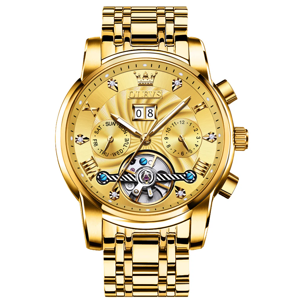 OLEVS 9910 Automatic Watches for Men Gold Luxury Dress Wrist Watch Self Winding Mechanical Skeleton Tourbillon Watch - Image 8