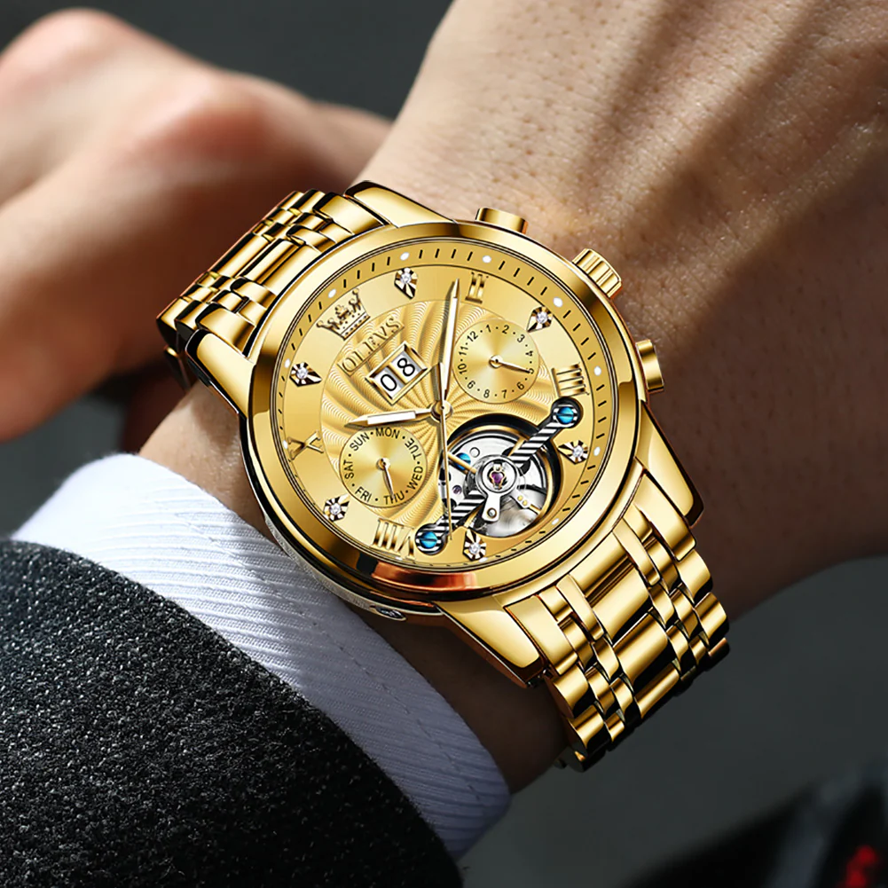 OLEVS 9910 Automatic Watches for Men Gold Luxury Dress Wrist Watch Self Winding Mechanical Skeleton Tourbillon Watch - Image 9
