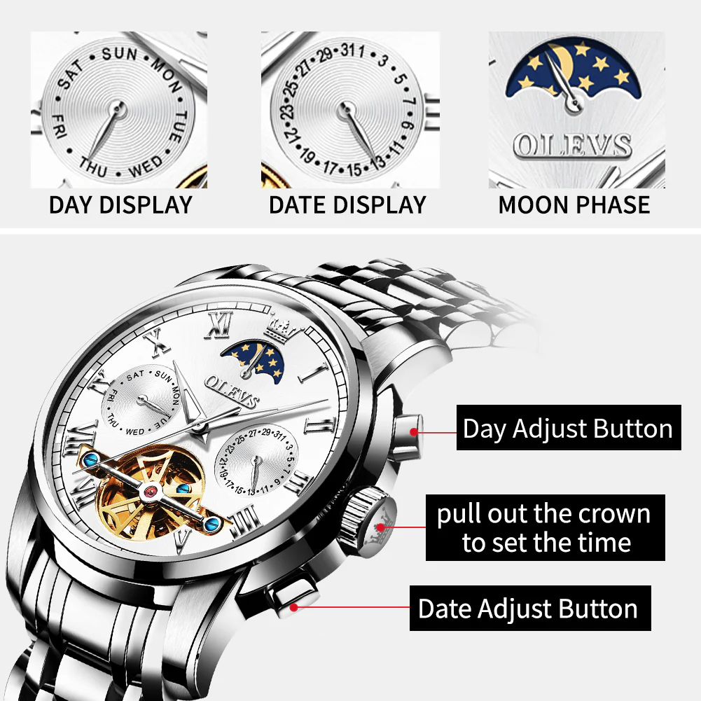 OLEVS 6617 Mens Automatic Watches Skeleton Tourbillon Mechanical Self Winding Luxury Dress Wrist Watch Waterproof Luminous Watch Gifts - Image 12