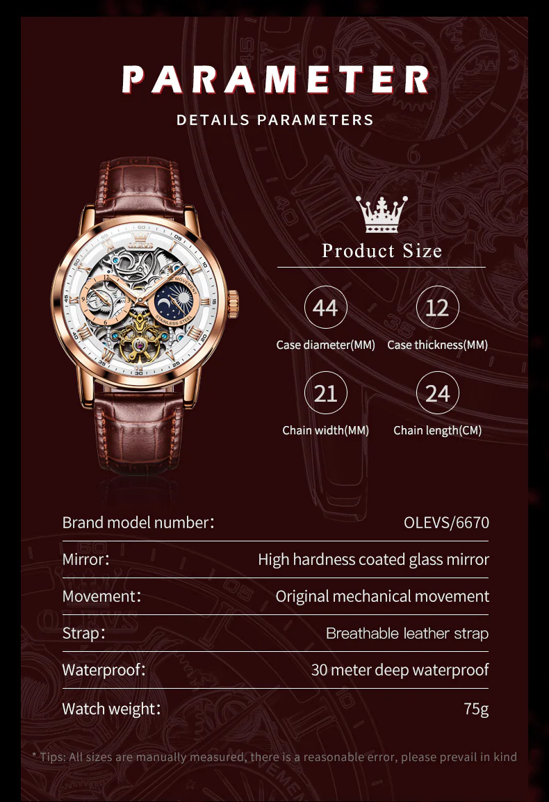 OLEVS 6670 Skeleton Watches for Mens Automatic Mechanical Self Winding Tourbillon Luxury Dress Wrist Watches Waterproof Luminous - Image 8