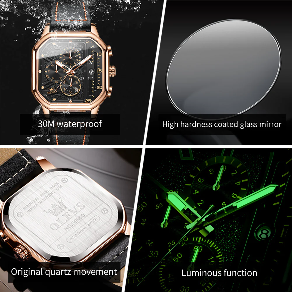 OLEVS 9950 Square Watches for Men Chronograph Dress Watch Sports Fashion Waterproof Luminous Casual Wrist Watches - Image 12