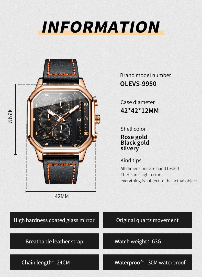 OLEVS 9950 Square Watches for Men Chronograph Dress Watch Sports Fashion Waterproof Luminous Casual Wrist Watches - Image 13