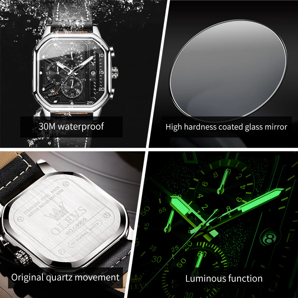 OLEVS 9950 Square Watches for Men Chronograph Dress Watch Sports Fashion Waterproof Luminous Casual Wrist Watches - Image 19