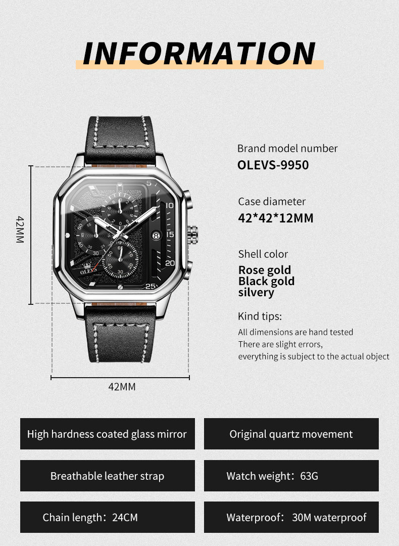 OLEVS 9950 Square Watches for Men Chronograph Dress Watch Sports Fashion Waterproof Luminous Casual Wrist Watches - Image 20