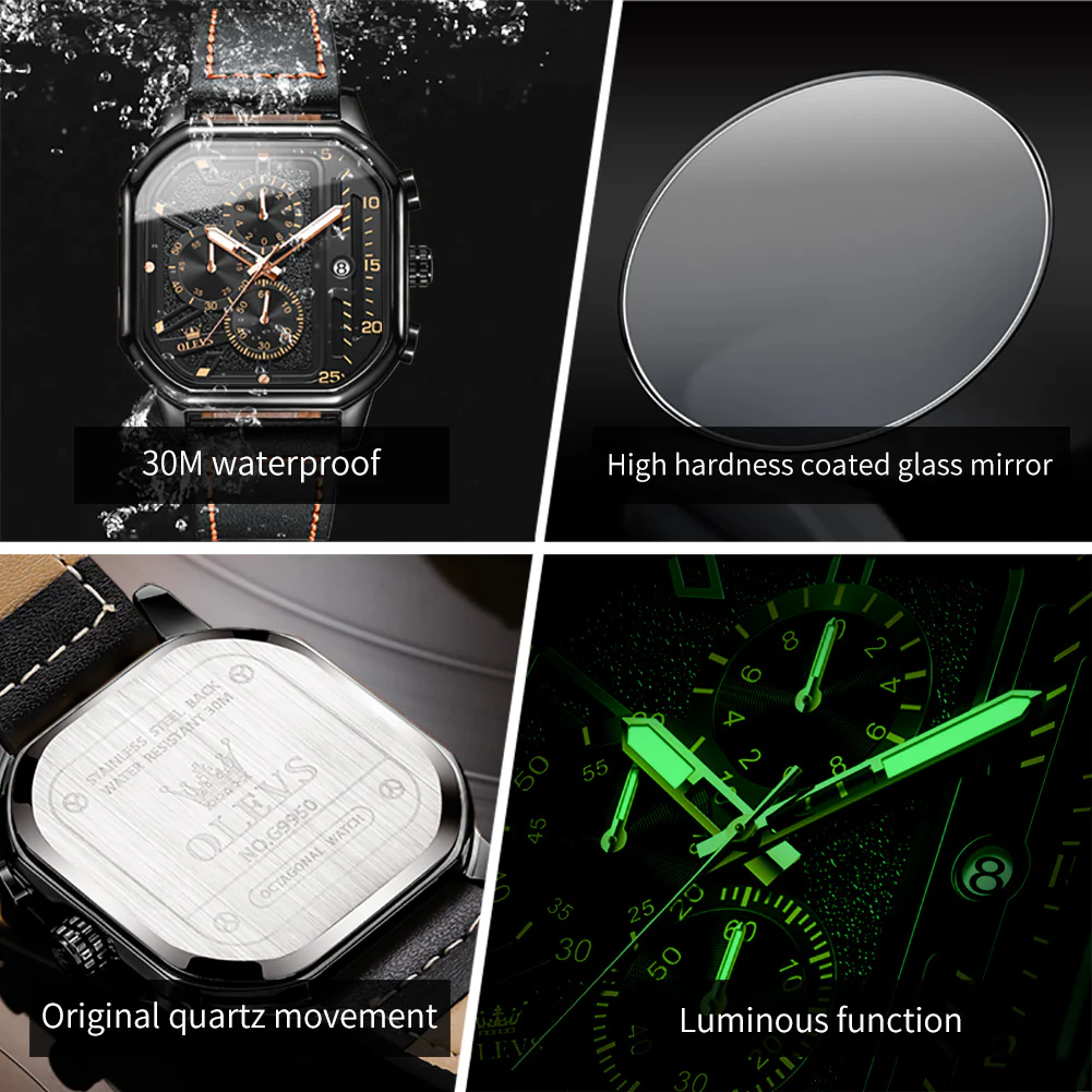 OLEVS 9950 Square Watches for Men Chronograph Dress Watch Sports Fashion Waterproof Luminous Casual Wrist Watches - Image 5