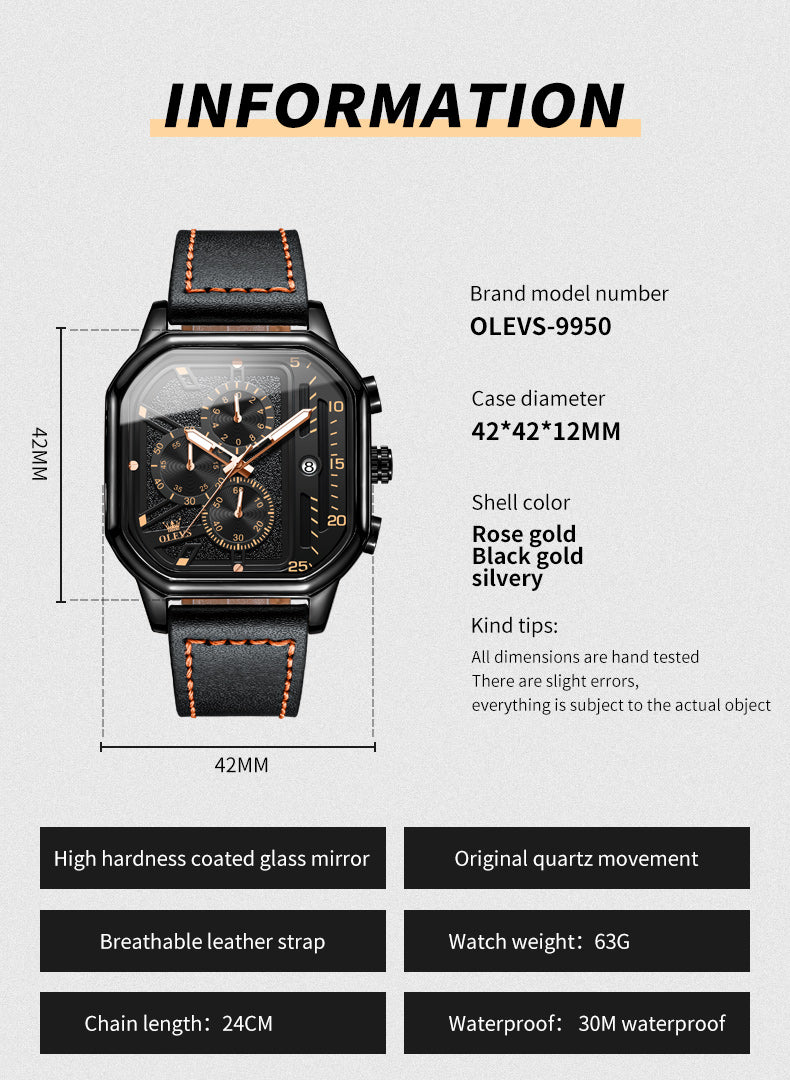 OLEVS 9950 Square Watches for Men Chronograph Dress Watch Sports Fashion Waterproof Luminous Casual Wrist Watches - Image 6