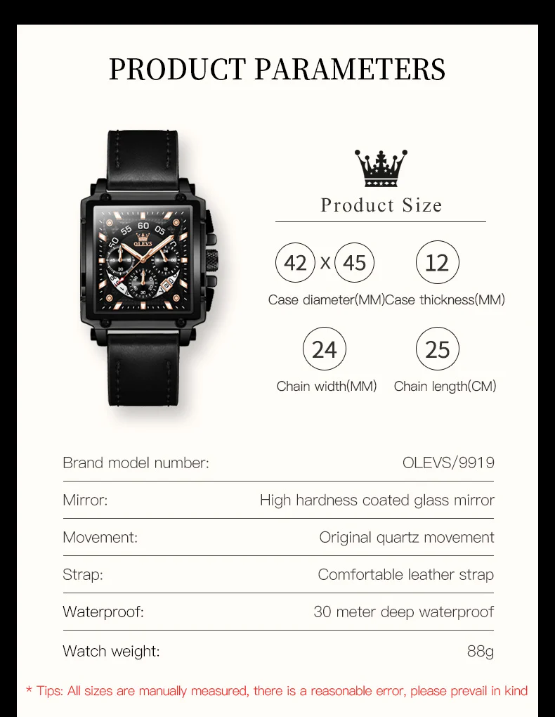 OLEVS 9919 Watches for Men Chronograph Fashion Dress Watch Waterproof Luminous Casual Square Wrist Watches - Image 16