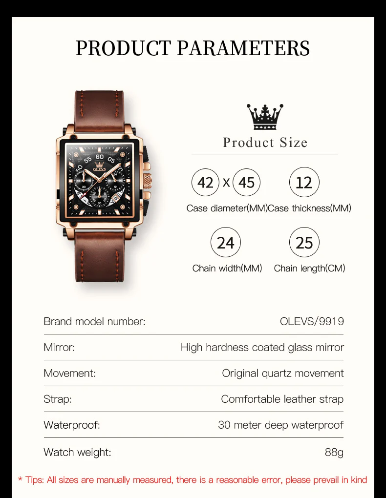 OLEVS 9919 Watches for Men Chronograph Fashion Dress Watch Waterproof Luminous Casual Square Wrist Watches - Image 8