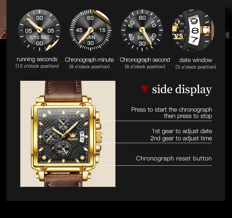 OLEVS 9925 Watches for Men Chronograph Fashion Dress Watch Waterproof Luminous Casual Square Wrist Watches - Image 12