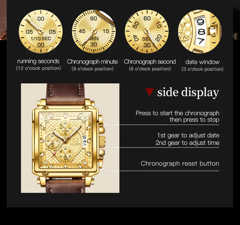 OLEVS 9925 Watches for Men Chronograph Fashion Dress Watch Waterproof Luminous Casual Square Wrist Watches - Image 5