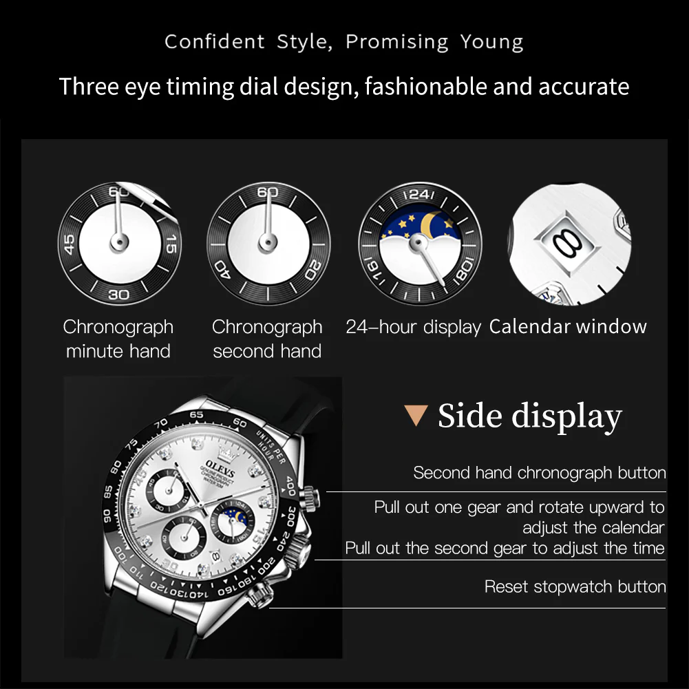 OLEVS 2875 Watches for Men Chronograph Multifunction Diamond Luminous Waterproof Silicone Wrist Watches - Image 10
