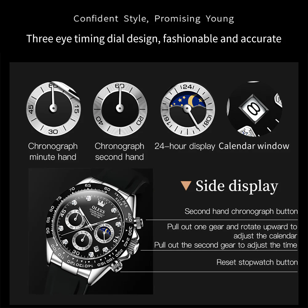 OLEVS 2875 Watches for Men Chronograph Multifunction Diamond Luminous Waterproof Silicone Wrist Watches - Image 16